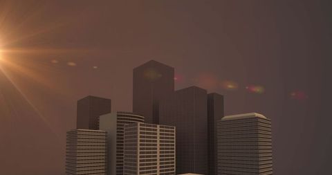 Glowing Sun Over Modern City with High-Rise Buildings at Night