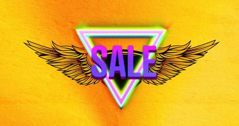 Retro Neon Sale Sign with Wings on Yellow Background
