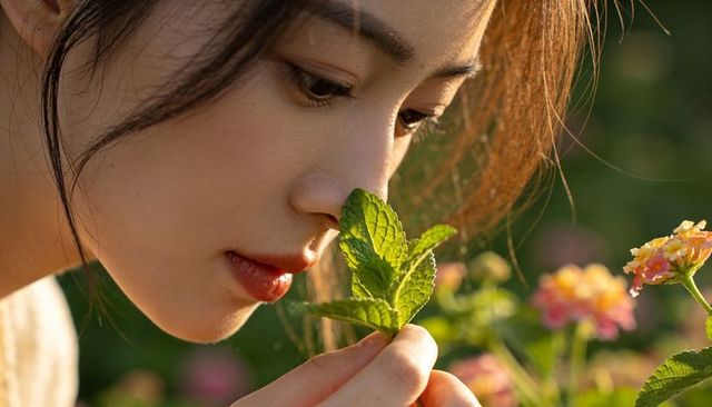 Asian woman smelling fresh mint leaf sunlit garden close-up