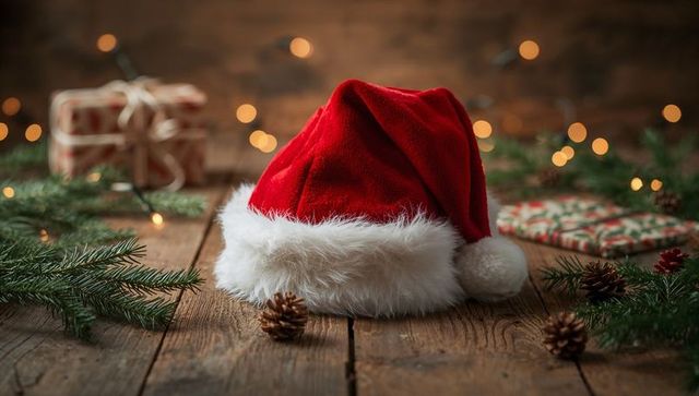 Red Santa Hat on Rustic Wooden Table with Pinecones, Wrapped Gifts and Warm Bokeh Lights