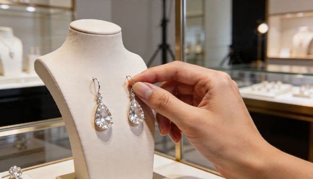 Hand placing teardrop crystal earrings on cream bust display in luxury jewelry boutique
