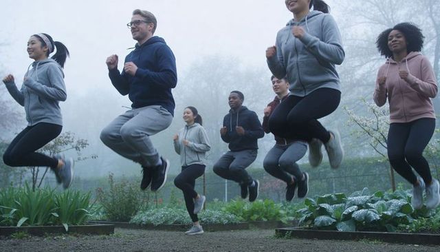 Jumping group fitness in misty dawn garden - synchronized outdoor cardio class