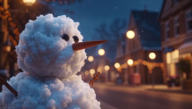 Snowman on lantern-lit street with falling snow