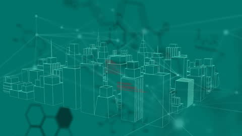 Futuristic Digital Cityscape with Network Connections and Chemistry