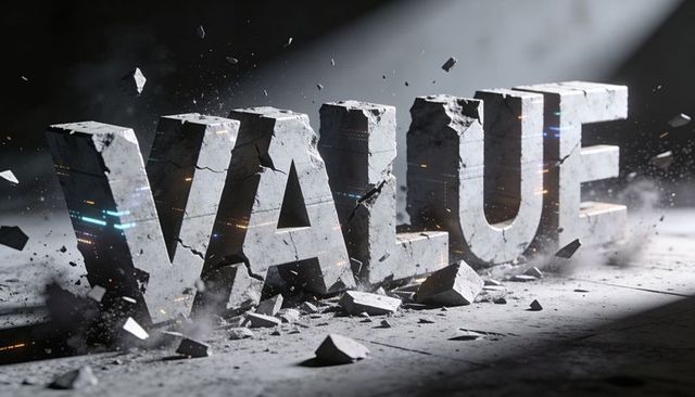 Massive concrete value letters cracking apart, rubble and dust, dramatic lighting
