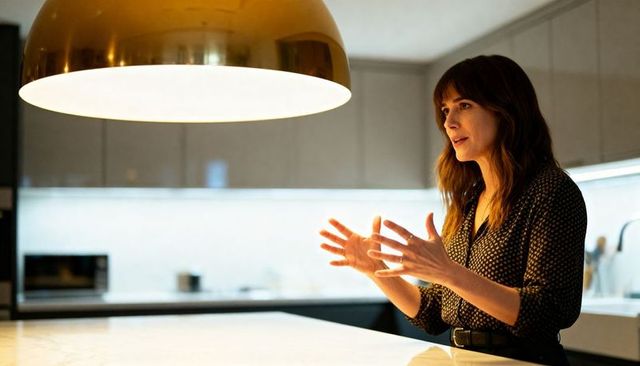 Woman gesturing while presenting ideas at modern kitchen island under brass pendant light