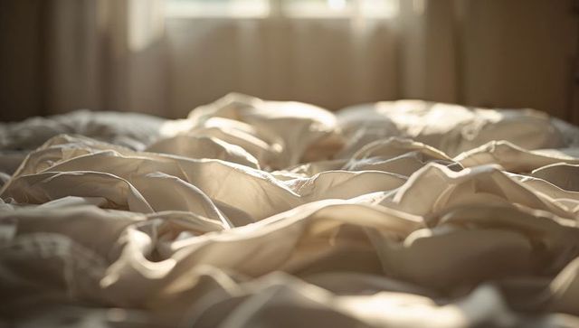 Sunlit rumpled cream duvet and sheets creating cozy textured morning bedroom scene