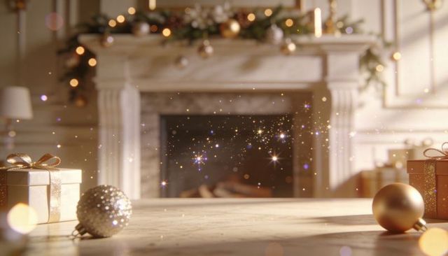 Cozy holiday fireplace with floating glitter bokeh, gold gifts and decorative baubles