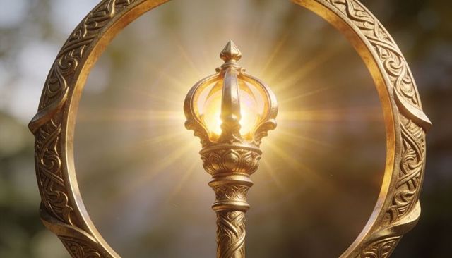 Radiating golden scepter with faceted amber gem casting sunbeams through ornate celtic ring
