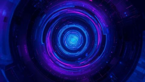 Futuristic Neon Digital Vortex with Light Trails and Circuit Patterns