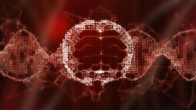 Futuristic animation showcases interconnected human brain and DNA strain in red and black tones, suitable for medical, scientific, and biotechnology visuals. Ideal for projects related to genetics research, Covid-19 studies, and neuroscience advancements.