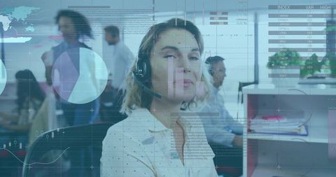 Answering female support agent wearing headset in open office with data analytics overlays