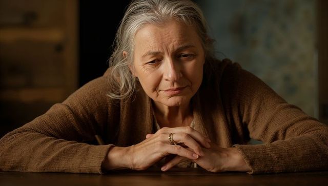 Pensive senior woman leaning on wooden table, wearing brown cardigan and wedding ring