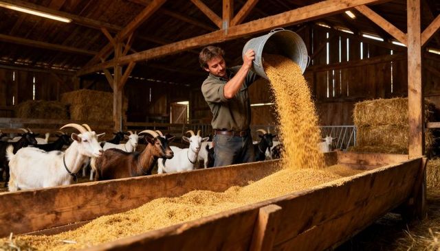 Farmer pouring grain into wooden trough while feeding goats inside sunlit timber barn