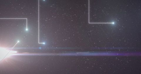 Cosmic light beams crossing starfield with pink lens flare and glowing nodes