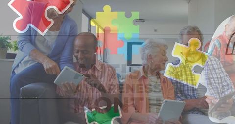 Senior friends engaging with technology in autism awareness concept