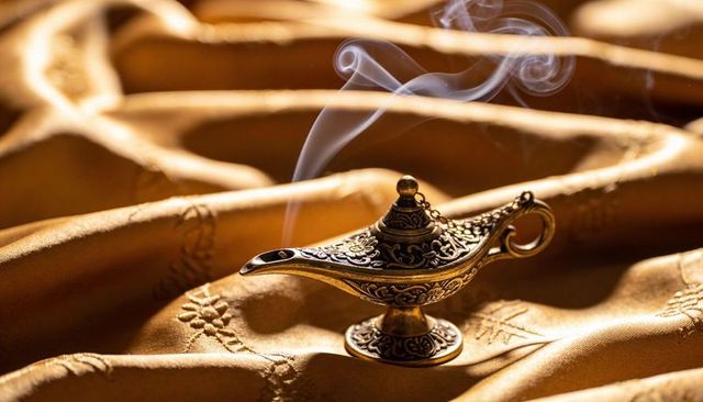 Ornate brass genie lamp releasing curling smoke on golden embroidered silk fabric