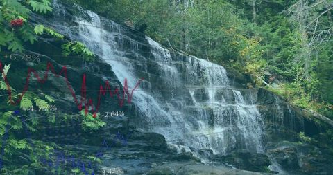 Serene waterfall with data visualization elements superimposed