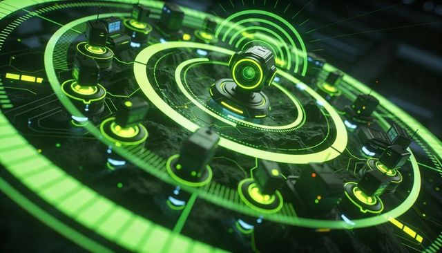 Pulsing Sensor Beacon Emitting Neon-Green Rings on Futuristic Holographic Grid Console