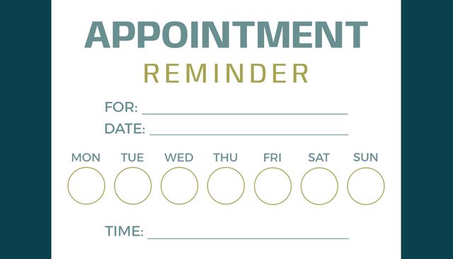 Editable appointment reminder template featuring spaces for specifying the date, time, and day of the week. Ideal for various settings like doctor's offices, business meetings, or personal scheduling. Suitable for printed materials or digital use to ensure timely reminders for upcoming appointments.
