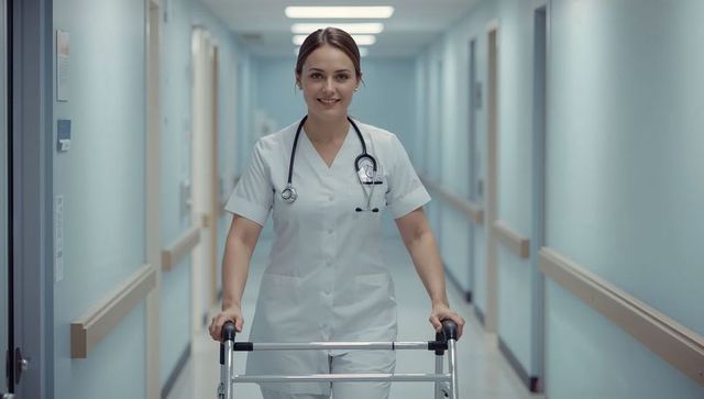 Nurse Using Walker in Hospital Corridor Auxiliary for Rehabilitation