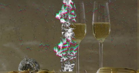 Champagne flutes sparkling with disco ball and digital particle mesh glitch effect