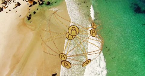 Digital Global Networking Overlay on Scenic Beach Aerial View