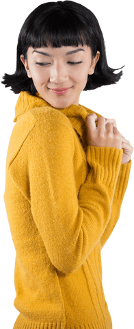 Smiling Woman in Golden Sweater Posing on Transparent Background