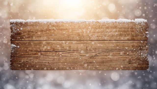 Snow-dusted rustic wooden plank with frosty edges and bokeh warm winter light background