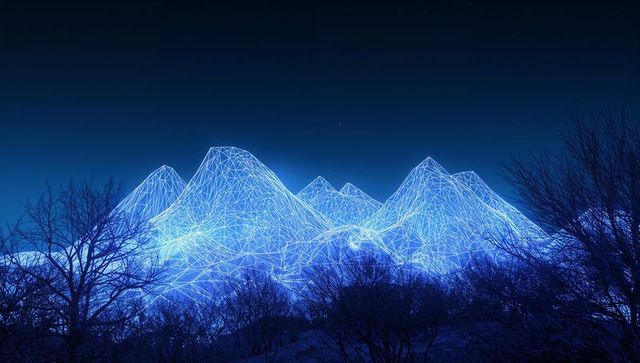 Neon Blue Wireframe Mountains Rising Over Dark Woodland Silhouette at Night