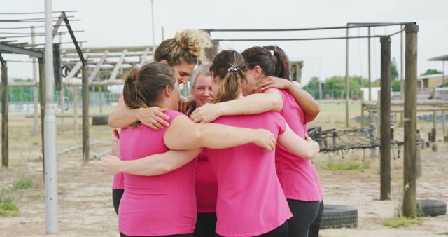 A group of women dressed in pink shirts embracing each other outdoors, showing a strong sense of unity and camaraderie. This is a perfect representation of teamwork, friendship, and supportive relationships often seen in fitness groups or team-building exercises. Can be used for promotional materials focusing on healthy lifestyles, community building, or social support networks.