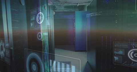 Illuminating server racks projecting holographic UI panels in futuristic data center aisle