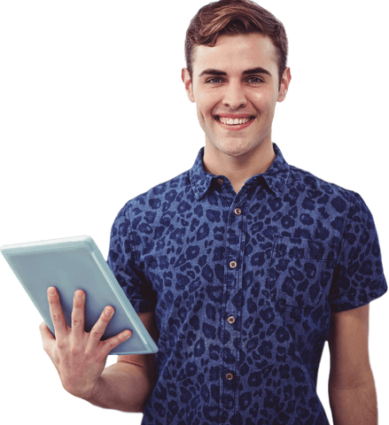 Cheerful Young Man Holding Tablet Isolated on Transparent Background - Download Free Stock Videos Pikwizard.com