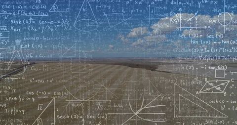Mathematical Equations Overlaying Vast Desert Landscape with Chalk Geometry Graphics