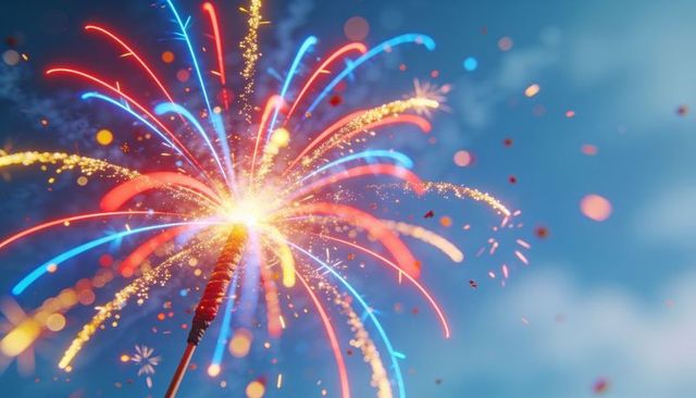 Handheld sparkler fountain bursting with red blue gold trails and glittering bokeh