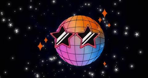 Floating grid disco ball wearing pink star sunglasses in cosmic space with neon sparkles