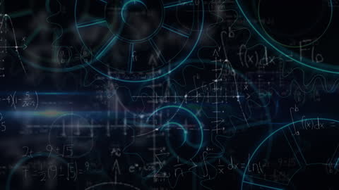 Mathematical Equations in Motion with Cogs on Dark Background