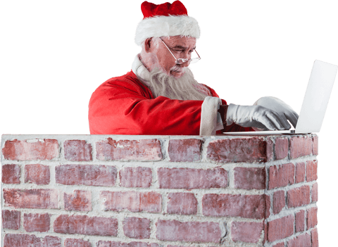 Transparent Santa Claus Using Laptop Over Chimney