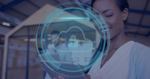 Businesswoman Using Tablet with Holographic Cloud Lock for Modern Secure Team Collaboration