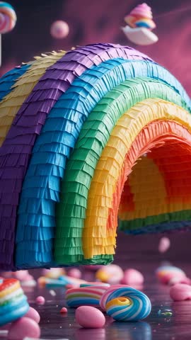 Vertical loop video of rotating fringed rainbow arch with purple glow and swirling candies