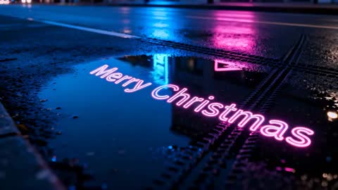 Merry Christmas Neon Reflecting in Puddle on Wet Urban Street at Night, Pink Blue Loop