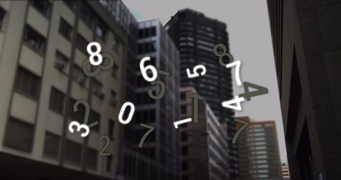 Digital floating numbers over urban cityscape