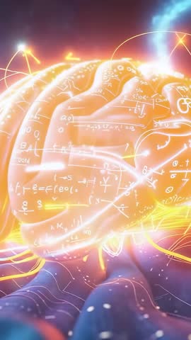 Vertical Futuristic Brain Network Receiving Energy Beam, Pulsing Neural Connectivity