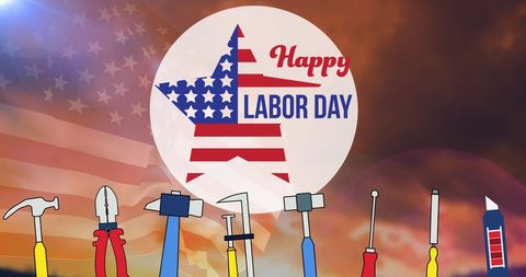 Happy labor day with patriotic tools and sunset