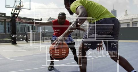 Rooftop basketball players dribbling and defending with augmented HUD overlay for analytics