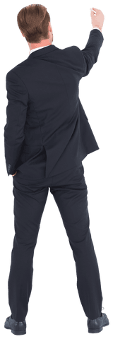 Transparent rear view businessman writing with invisible chalk