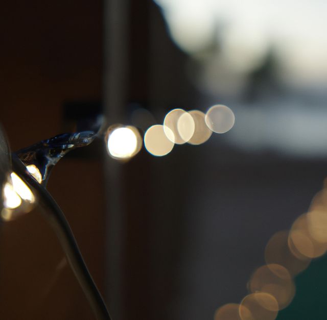 Defocused close-up of string lights creating bokeh effect. Suitable for illustrating outdoor evening decor, festive ambiance, holiday lighting, or any scene focused on creating a warm and inviting atmosphere. Ideal for blogs, event invitations, decorating guides, or festive advertisements.