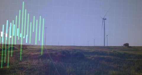 Displaying wind farm performance data over grassland turbines with green bar chart and gridlines