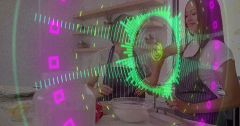 Mother and daughter mixing dough in kitchen with neon hud overlay for smart cooking
