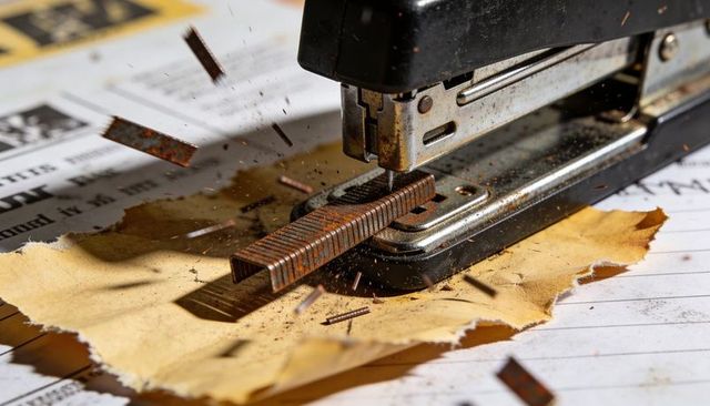 Closeup rusty stapler pressing corroded staples through torn kraft paper on cluttered desk